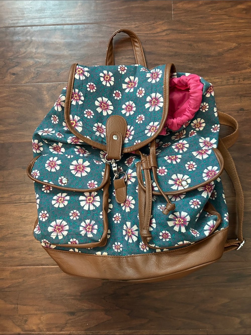 Candies Daisy Canvas Drawstring Backpack - Teal with Brown Trim